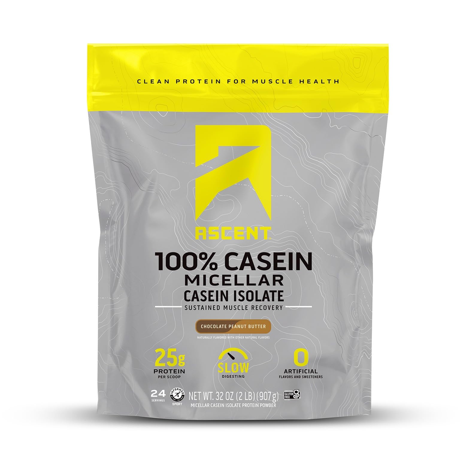 Ascent bolsa Chocolate Peanut Butter frente con beneficio proteína limpia