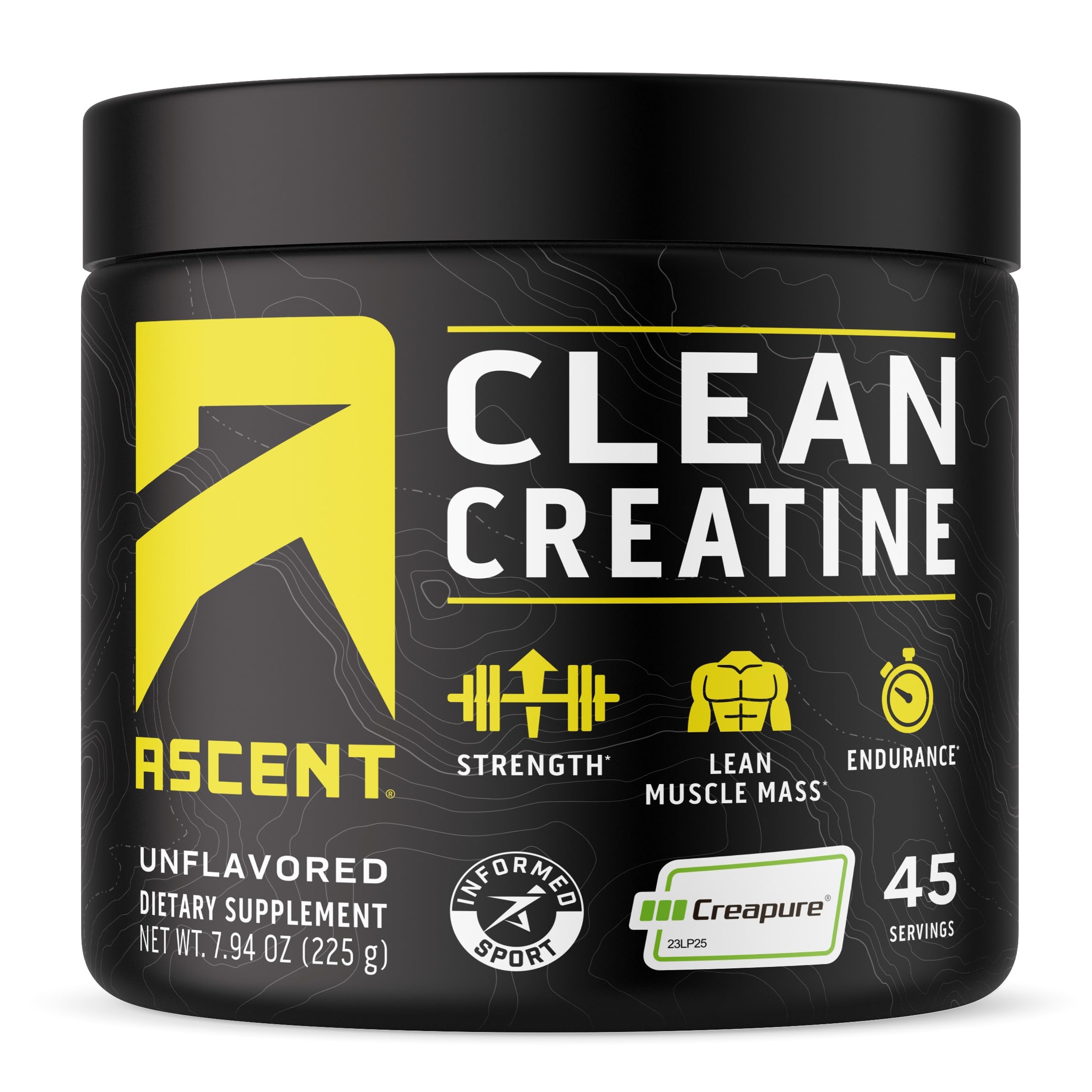 Ascent envase frontal de Clean Creatine Creapure, muestra confianza en calidad