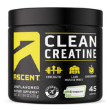 Ascent envase frontal de Clean Creatine Creapure, muestra confianza en calidad