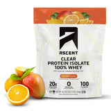 Ascent envase frontal de Clear Whey naranja mango mostrando diseño y beneficios