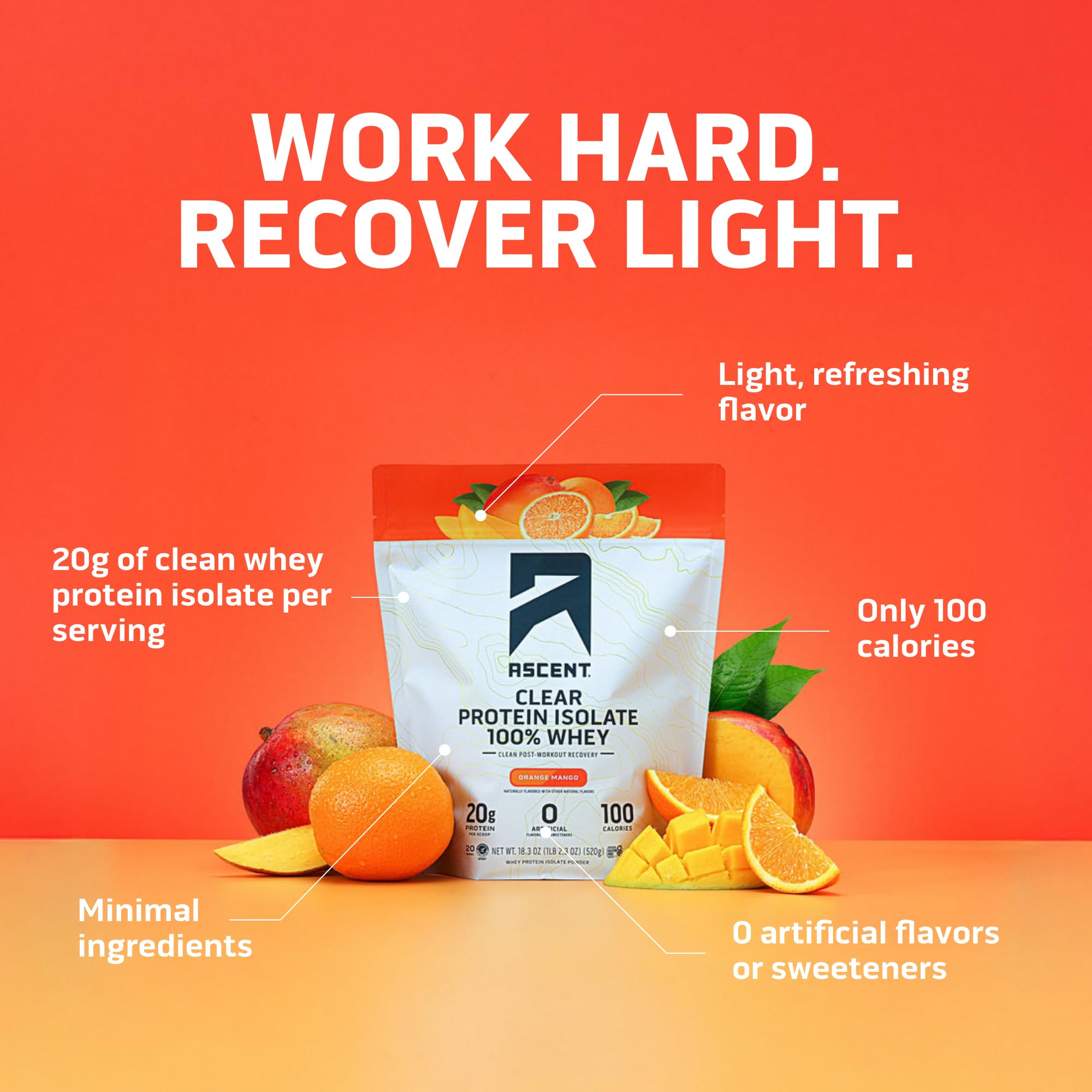 Ascent primer plano del polvo Clear Whey que evidencia textura fina y mezcla fácil