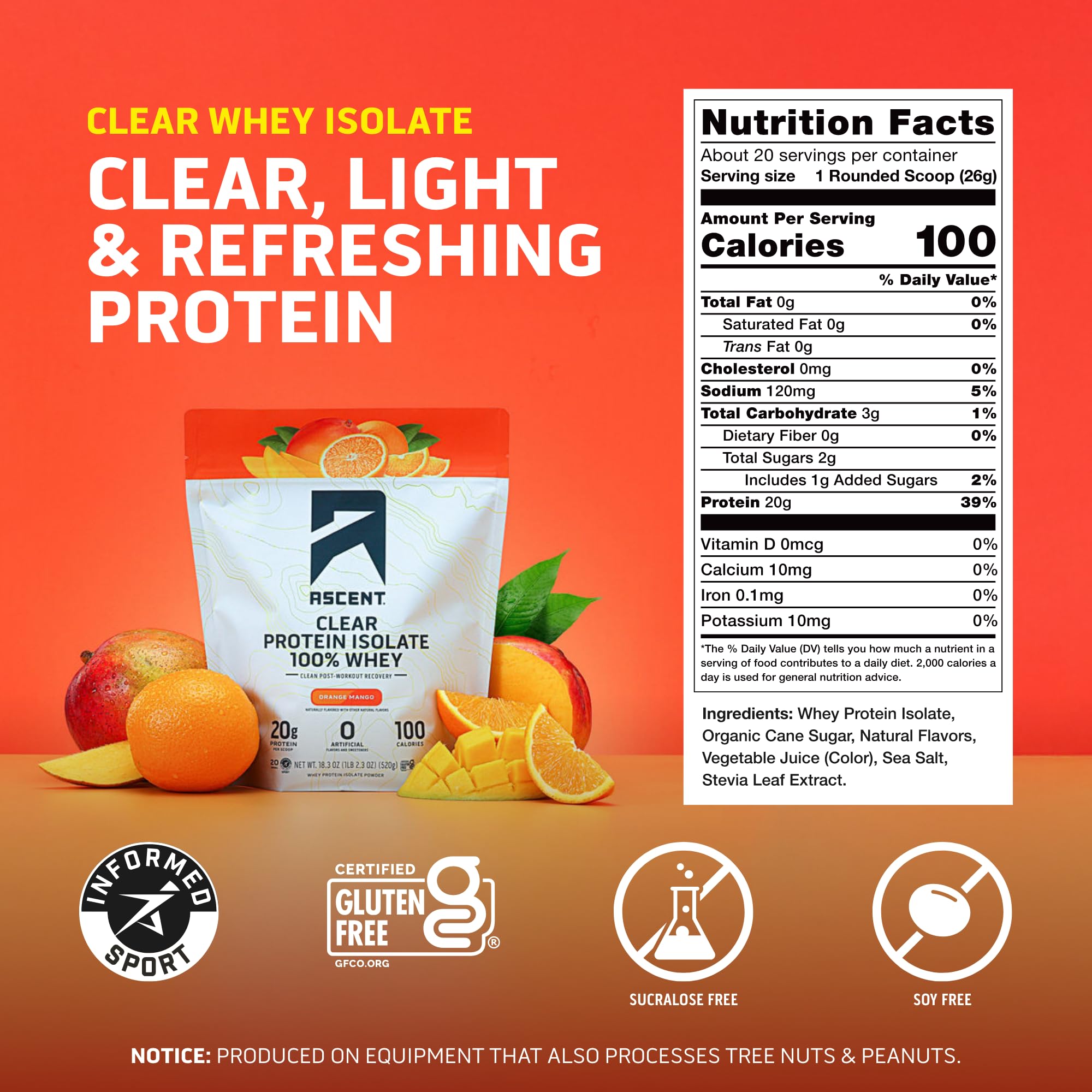 Ascent vaso preparado de Clear Whey naranja mango, bebida refrescante post-entreno