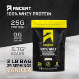 Ascent cuchara medidora con polvo resaltando porción de 25 g proteína