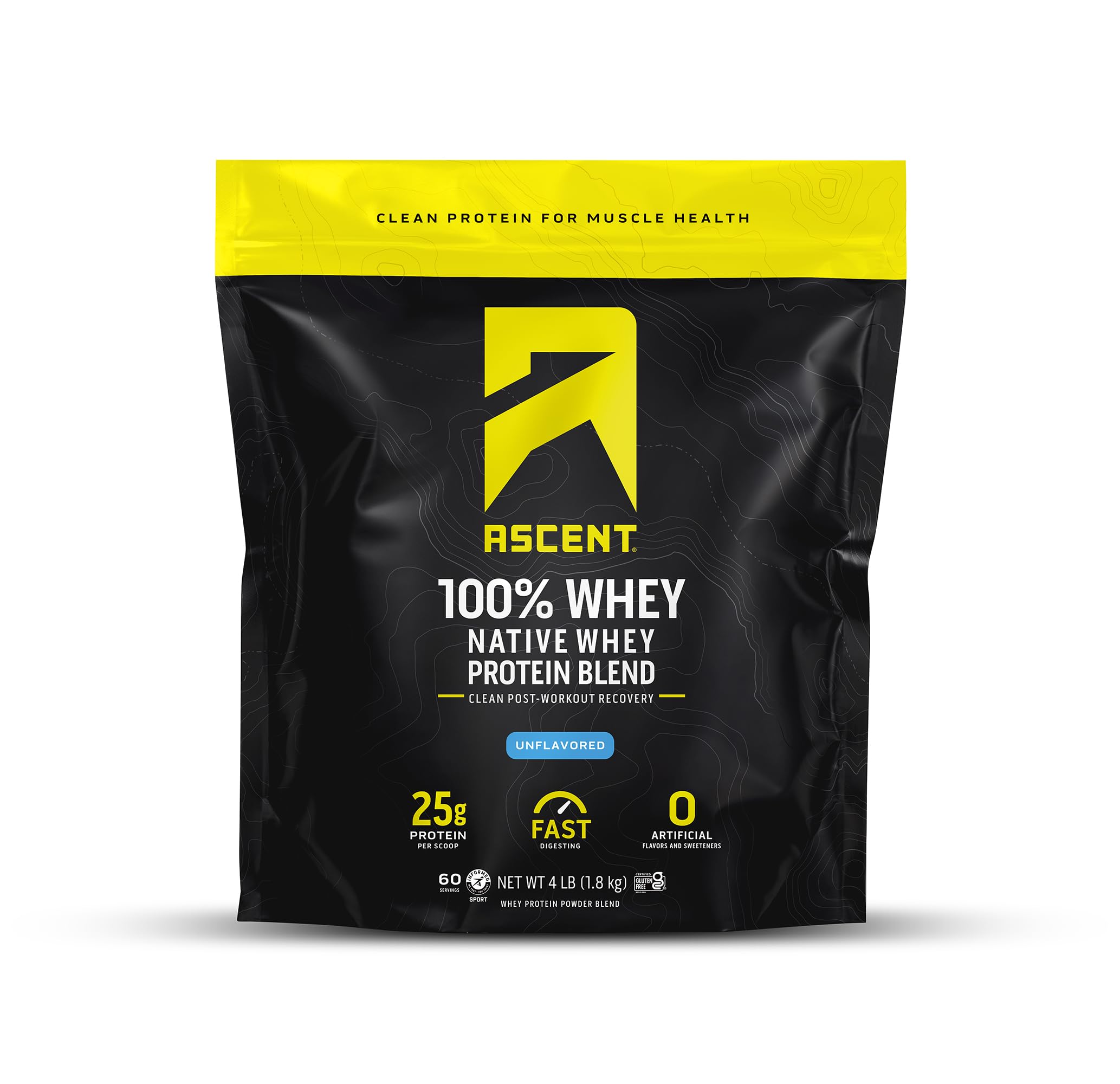 Ascent envase frontal del producto mostrando pureza y tamaño 4 lb