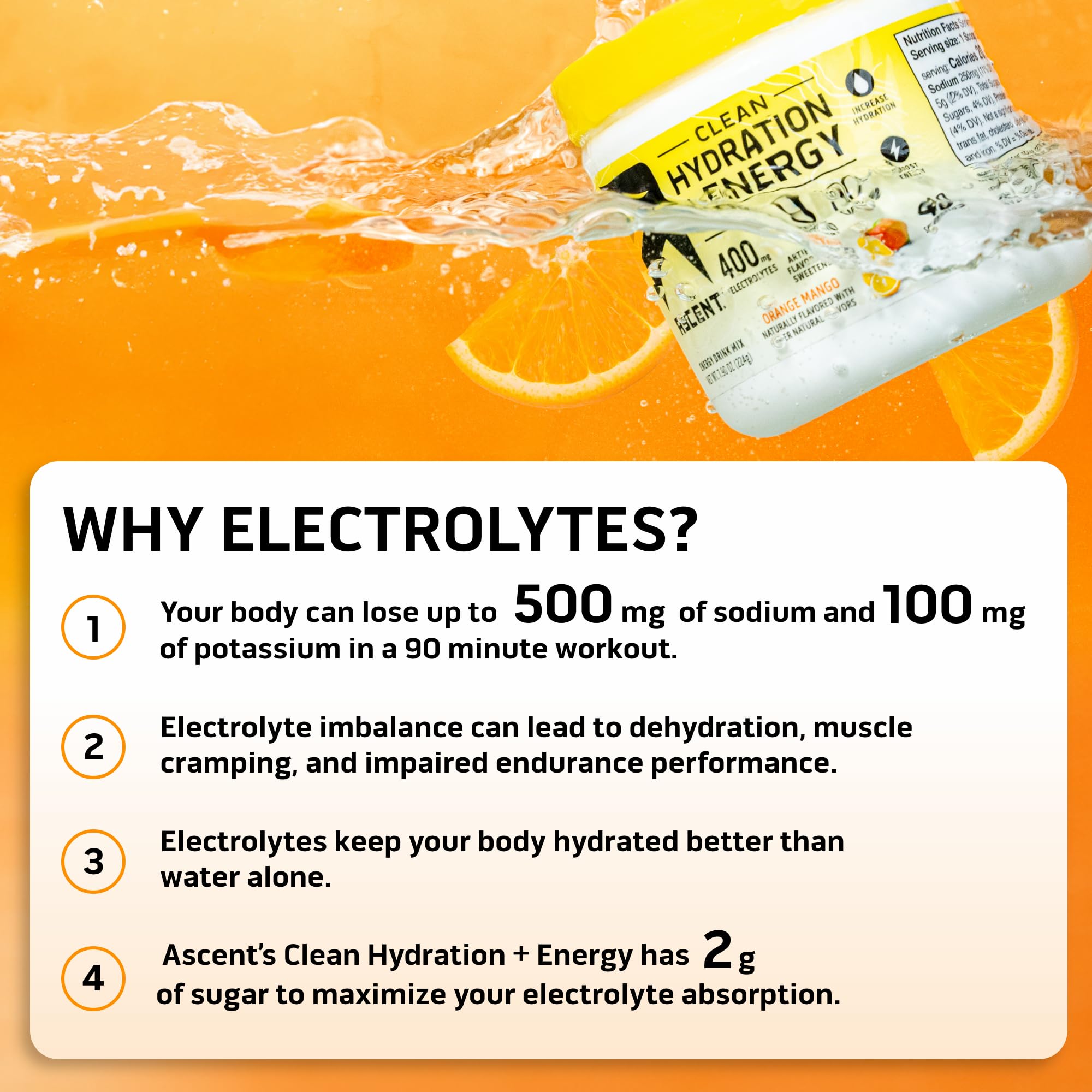 Ascent etiqueta de ingredientes con información de electrolitos y cafeína