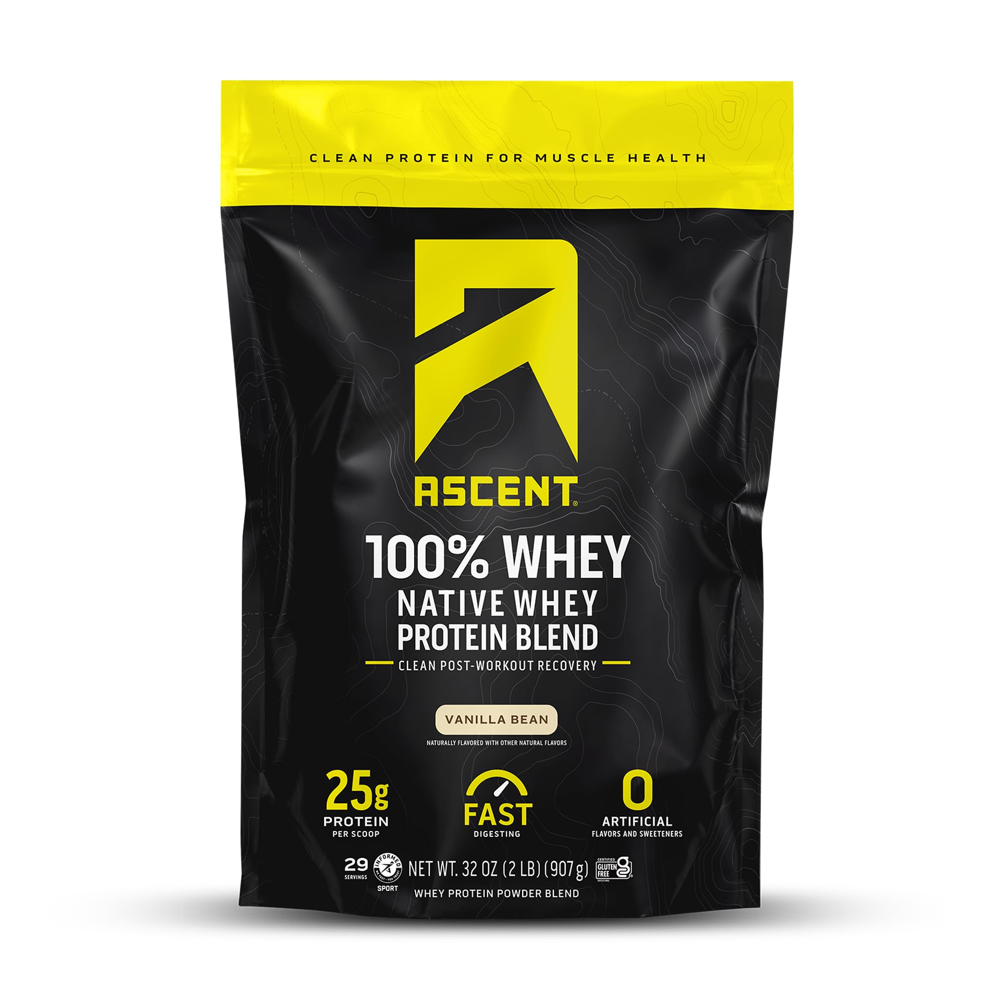 Ascent frente del empaque 2 lb mostrando diseño y beneficio de proteína pura