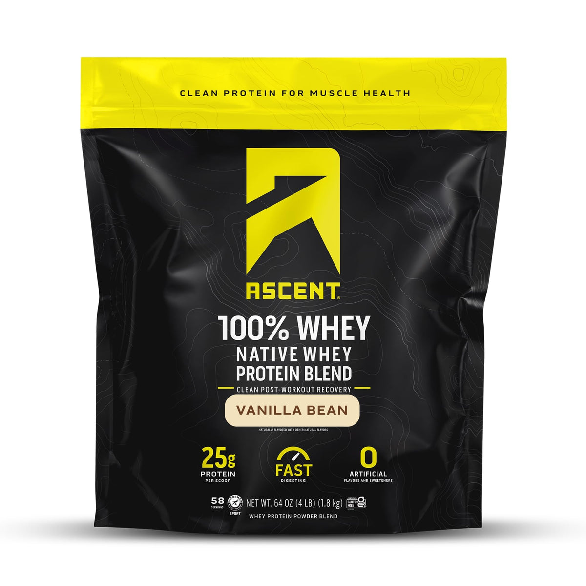 Ascent frente del producto Vainilla Bean mostrando beneficio proteína limpia