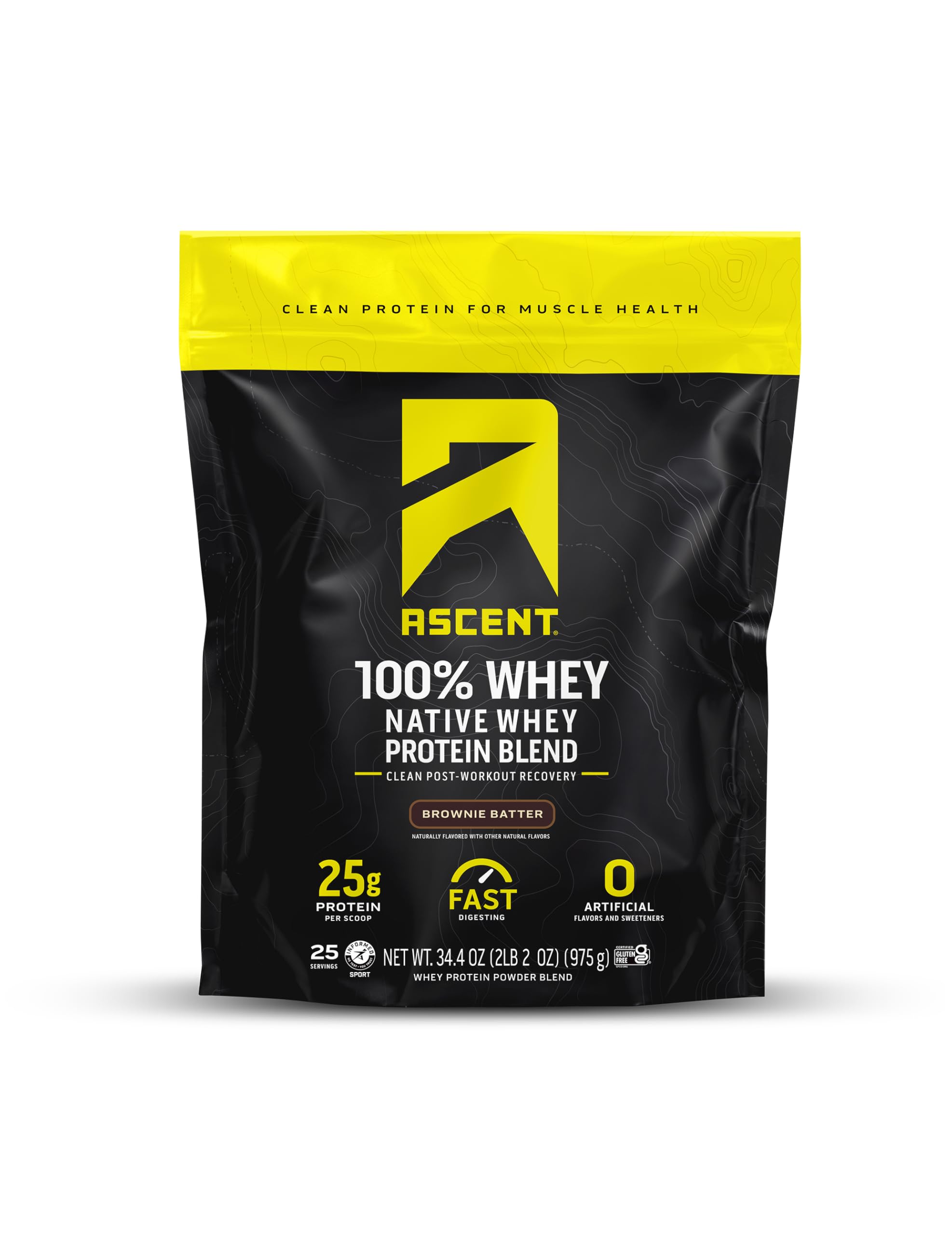 Envase Ascent Brownie Batter mostrando etiqueta y beneficios del producto