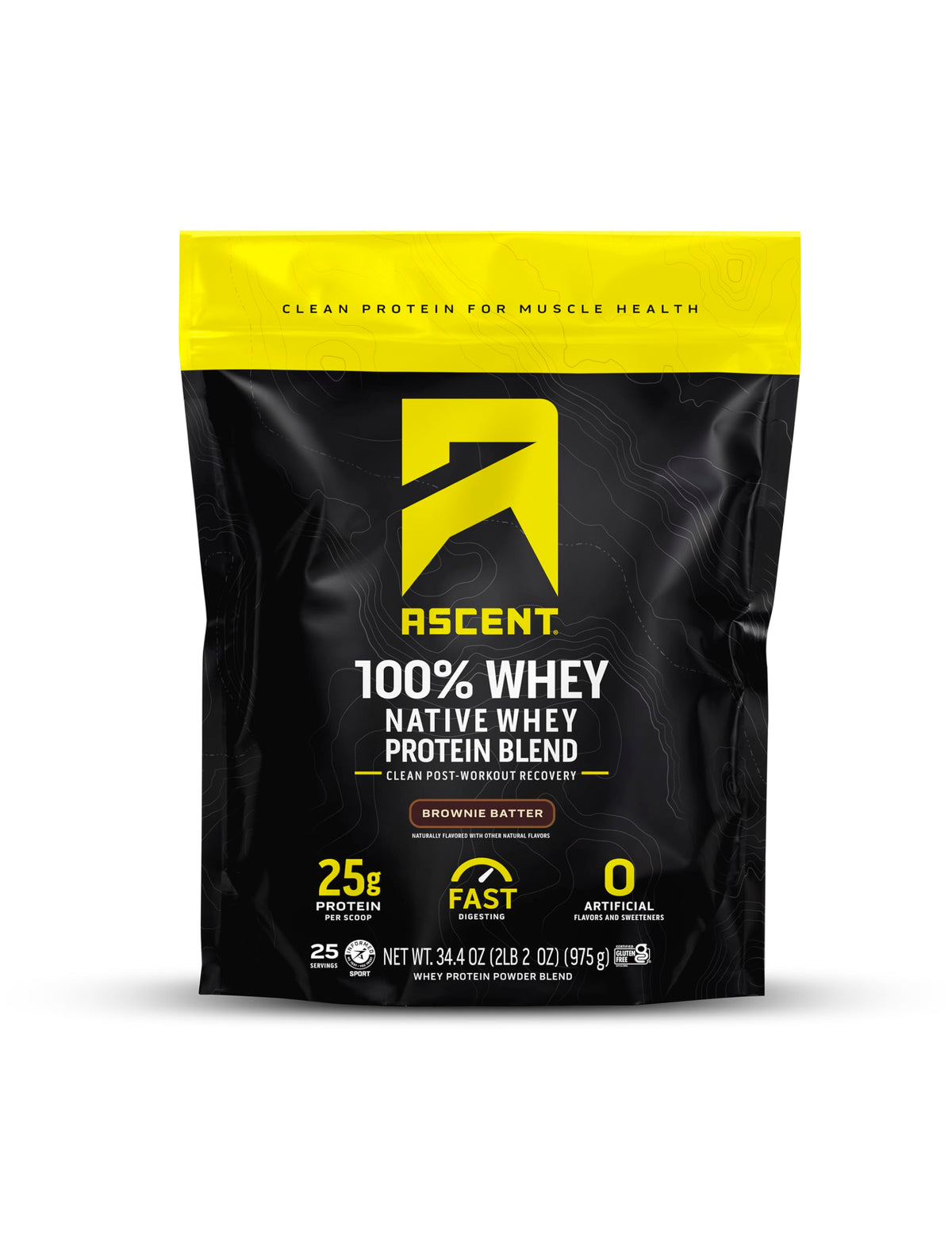 Envase Ascent Brownie Batter mostrando etiqueta y beneficios del producto