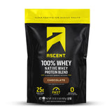Ascent envase frontal sabor chocolate mostrando diseño y beneficio de proteína limpia