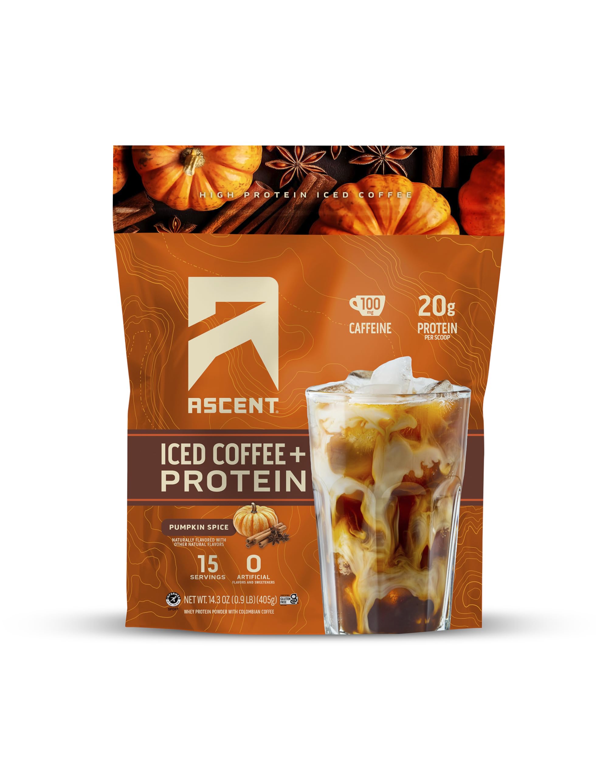 Ascent vista frontal del envase con sabor pumpkin spice mostrando conveniencia y proteína