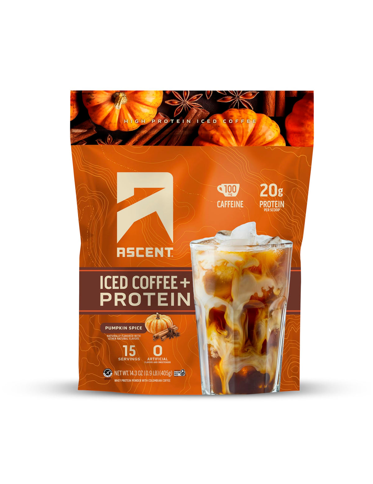 Ascent vista frontal del envase con sabor pumpkin spice mostrando conveniencia y proteína
