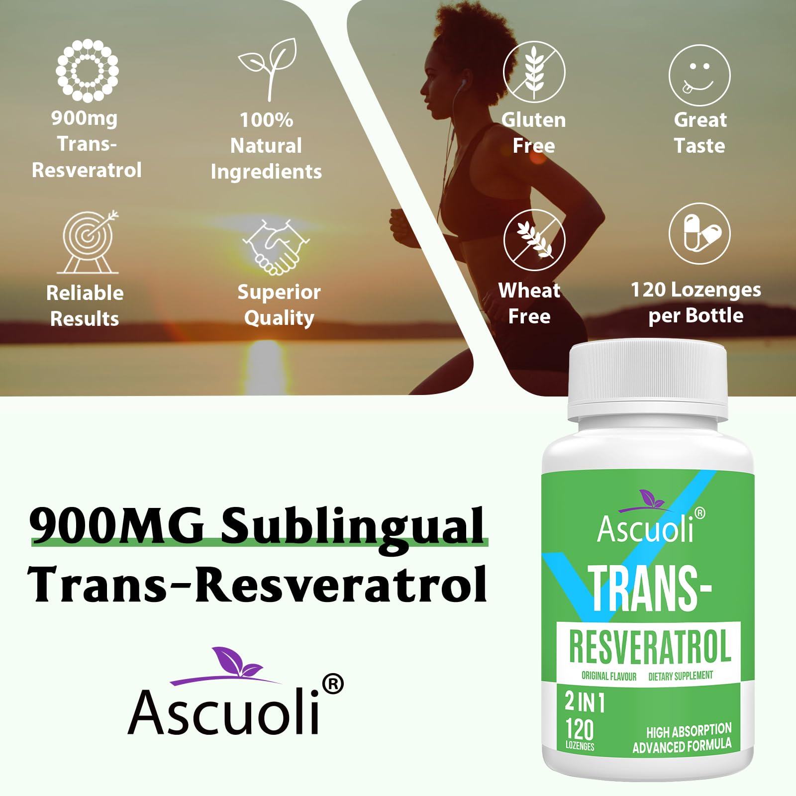 Ascuoli etiqueta con ingredientes destacando resveratrol 99% y pimienta negra