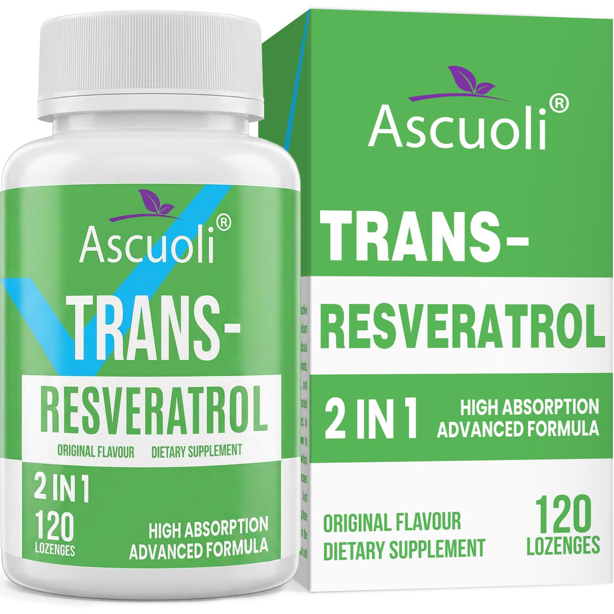 Ascuoli frasco delantero con resveratrol visible, ofrece confianza y pureza