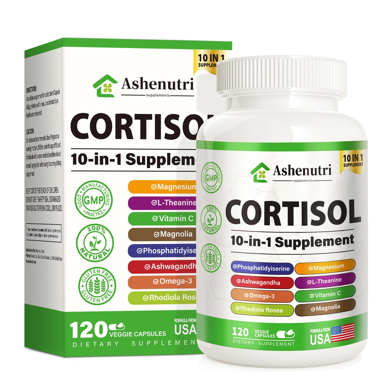 Ashenutri frasco frontal mostrando 120 cápsulas y etiqueta clara