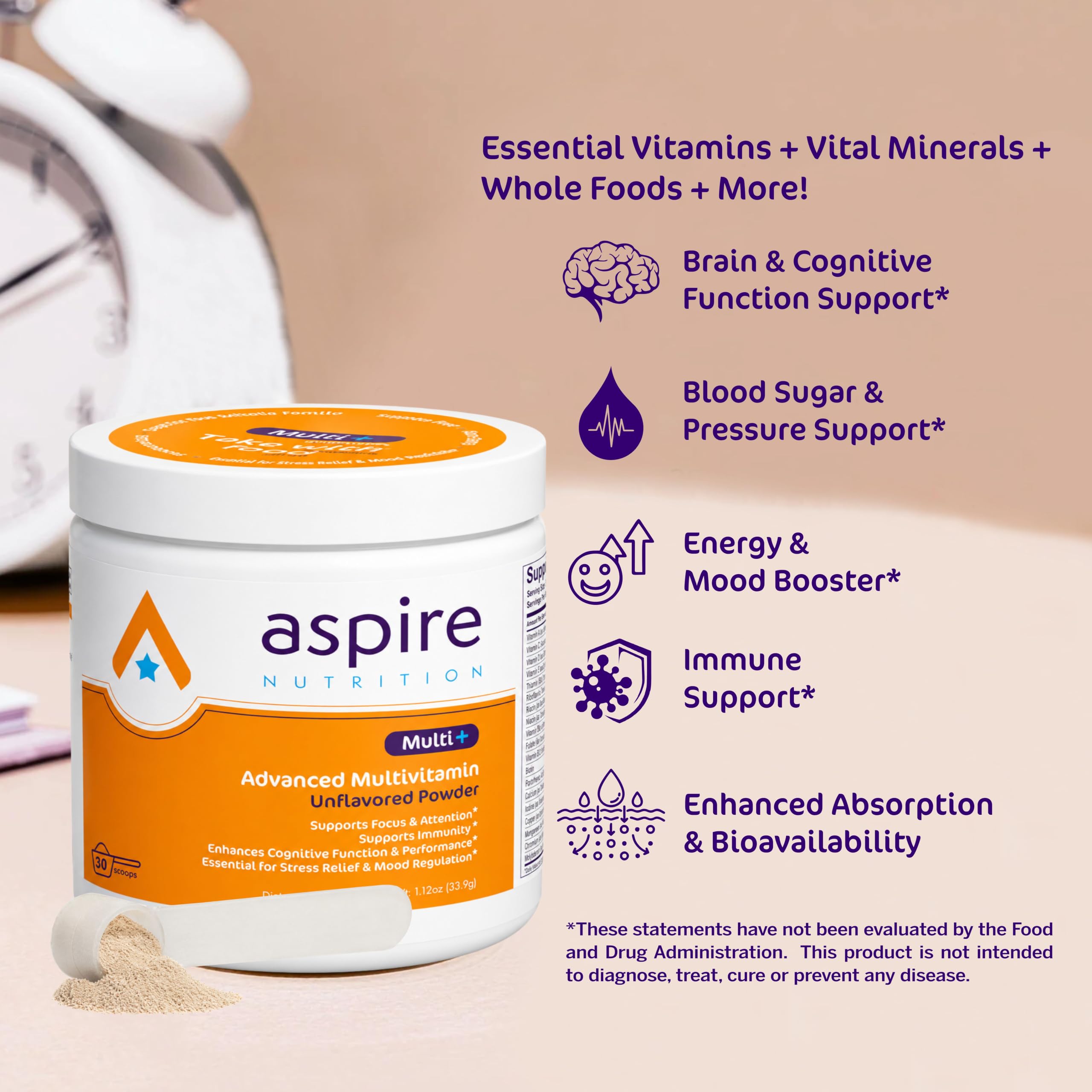 Aspire Multi+ etiqueta con ingredientes clave y beneficios para la absorción