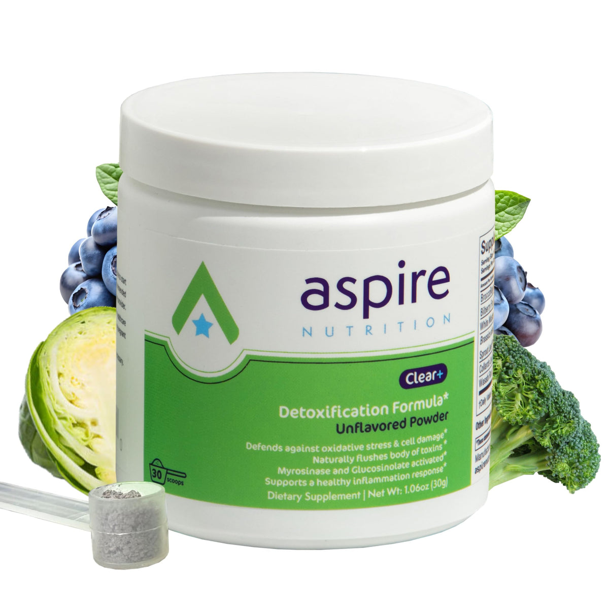 Aspire Nutrition empaque frontal mostrando diseño y duración 30 días, clara identificación del producto