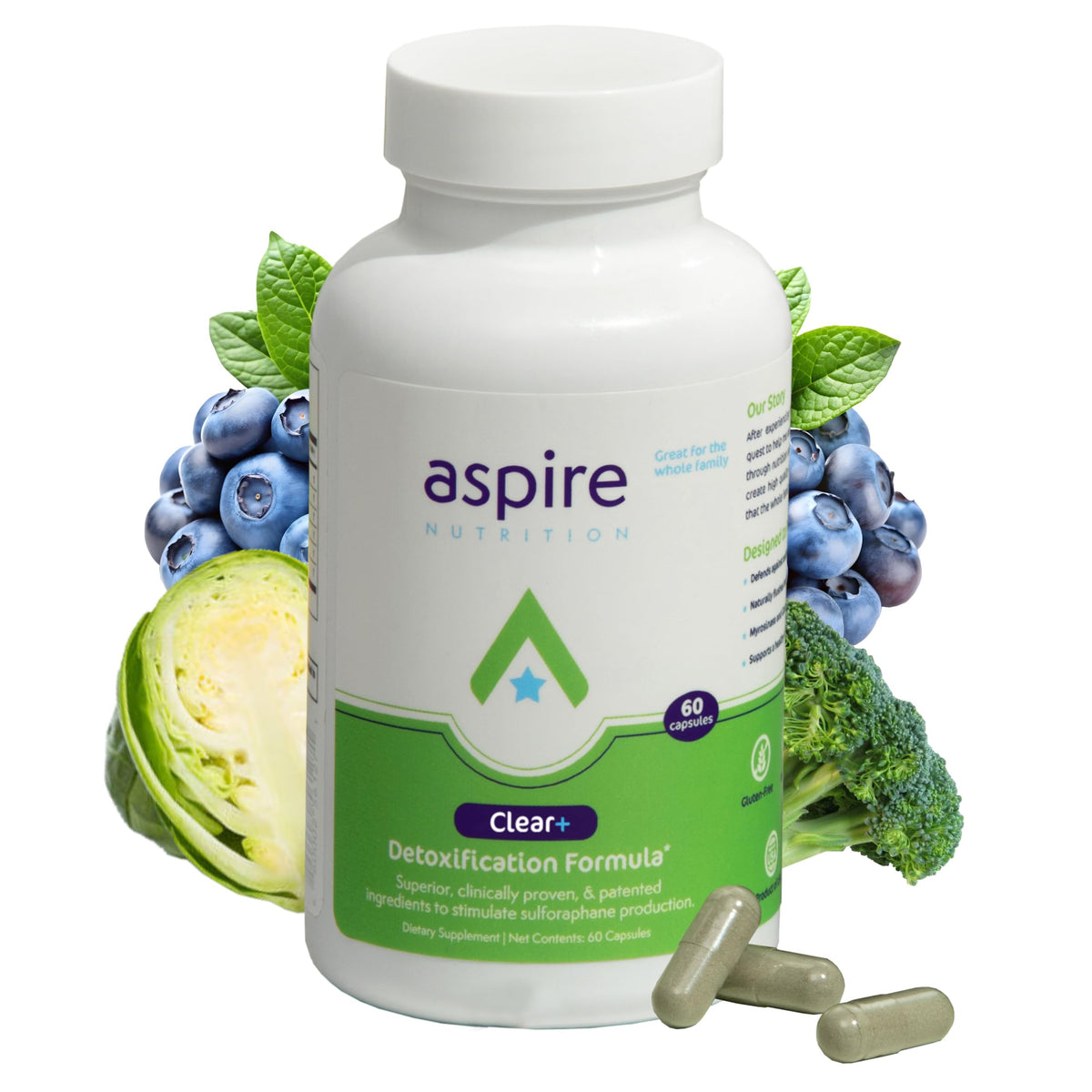Aspire Nutrition bote frontal mostrando 60 cápsulas y claridad informativa