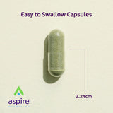 Aspire Nutrition cápsulas junto a una regla para comparar tamaño