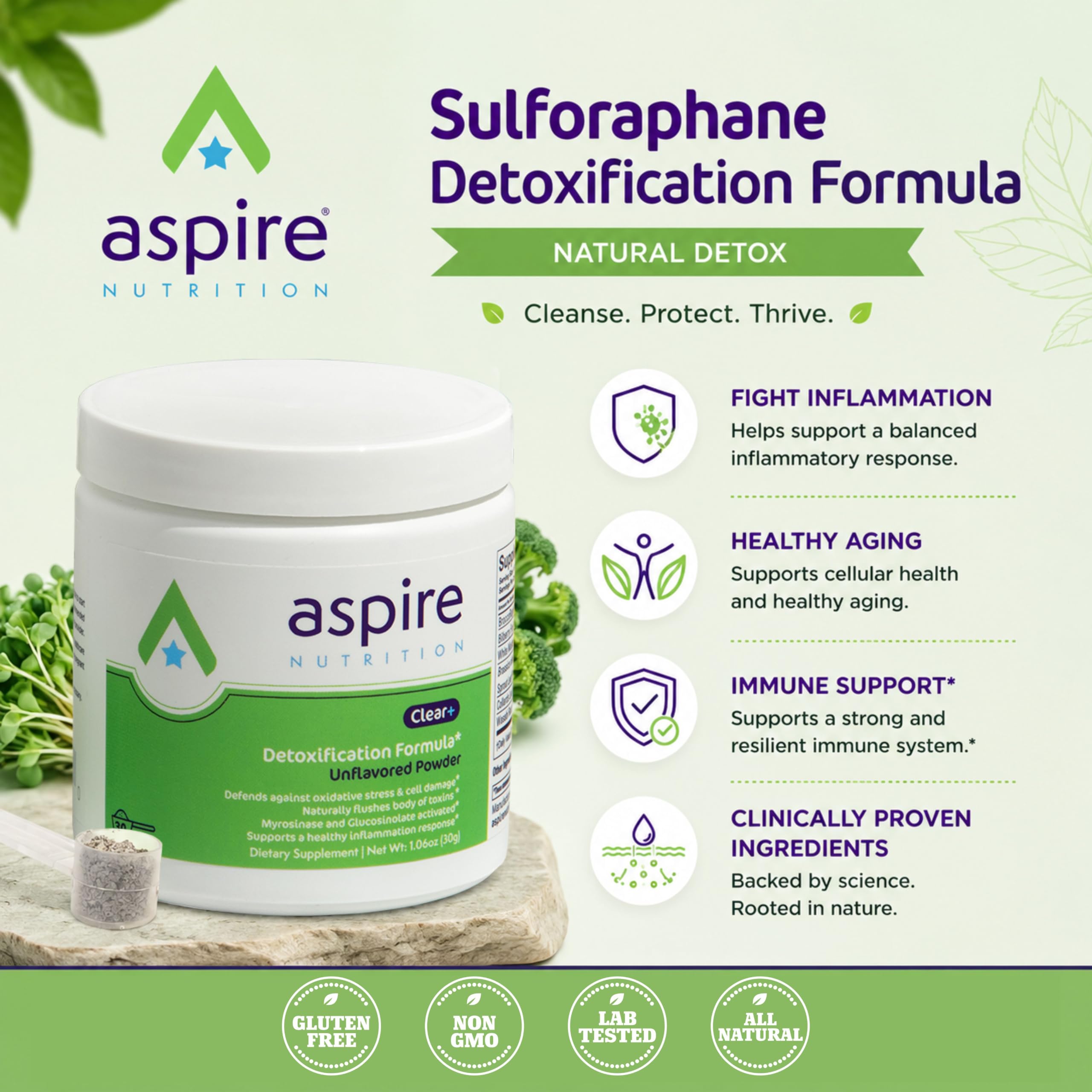 Aspire Nutrition polvo en primer plano, textura fina para disolución rápida en líquidos