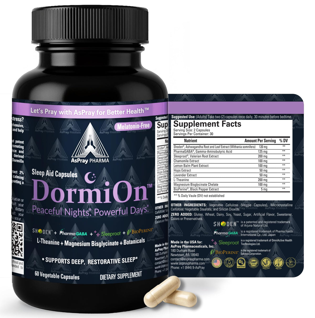 AsPray DormiOn frente del empaque mostrando dosis y beneficios calmantes