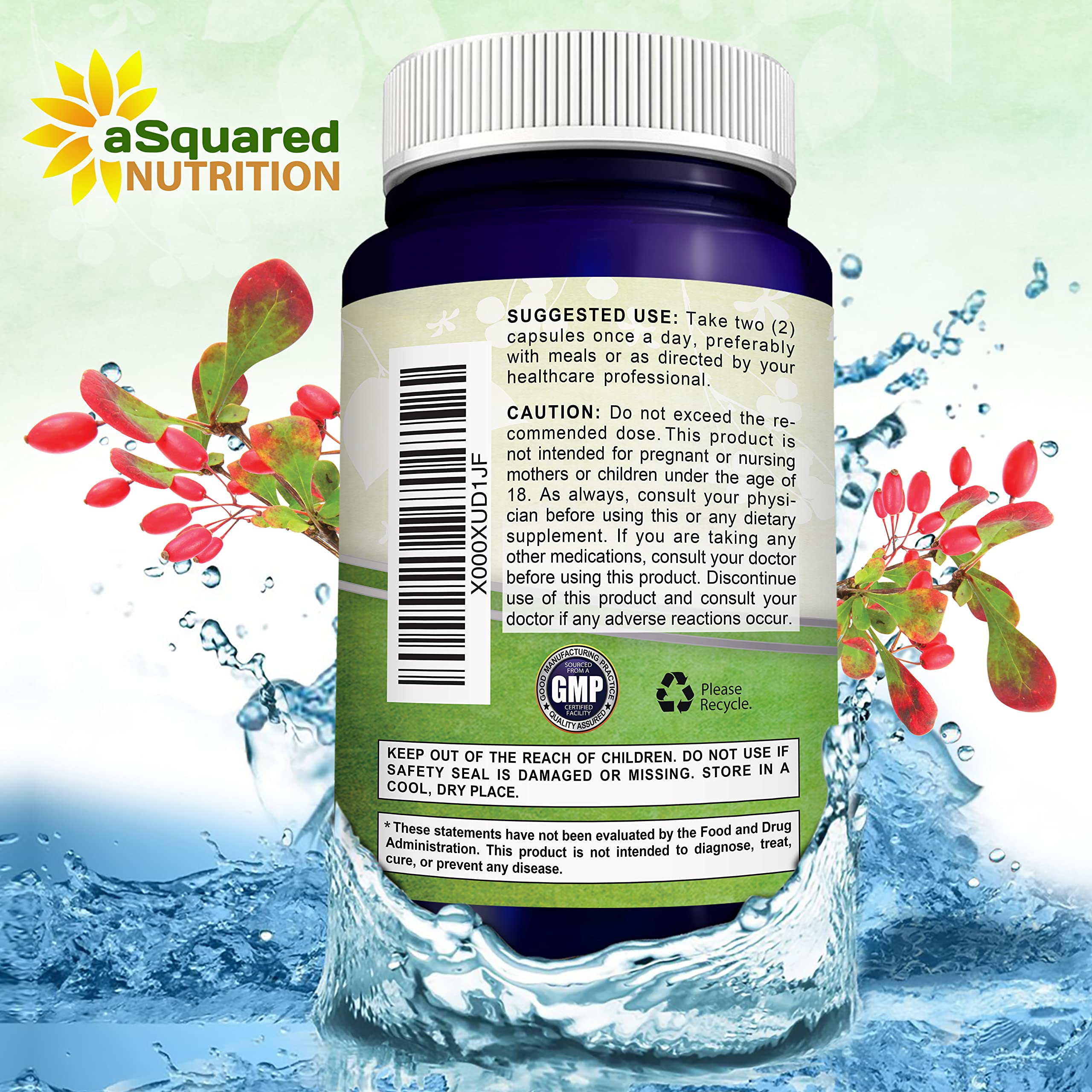 aSquared Nutrition etiqueta con información nutricional y ventajas de fabricación GMP