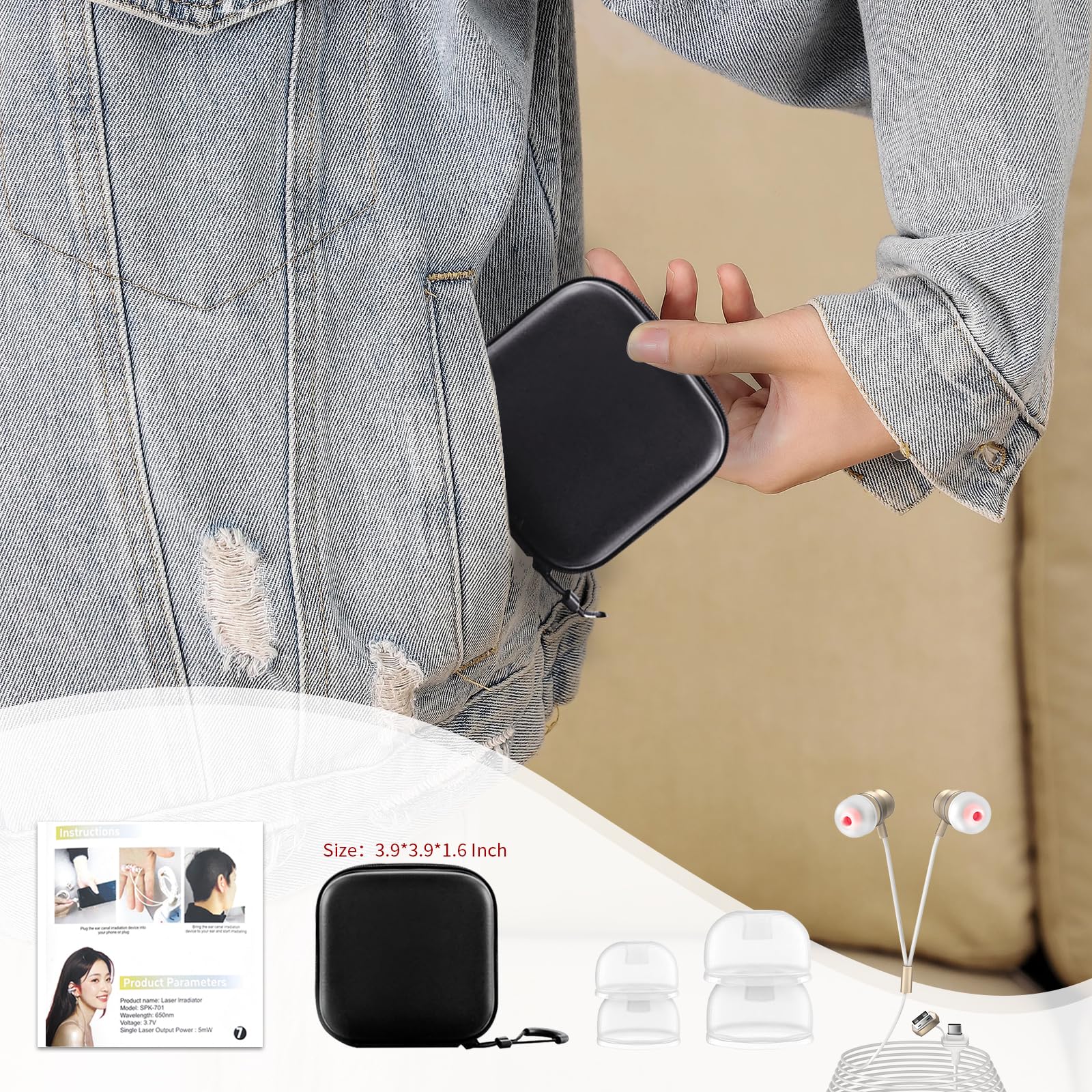 aswaysun dispositivo guardado en bolso listo para cuidado auricular en viaje