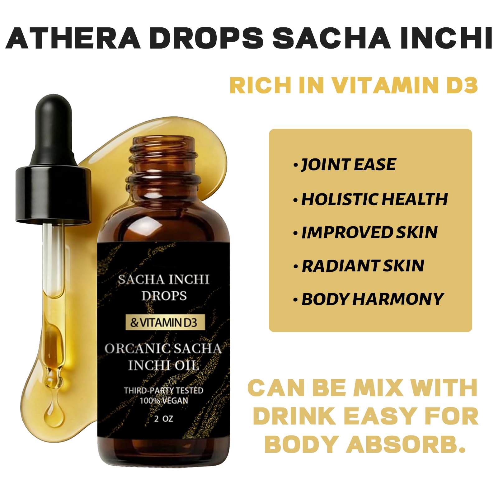 Athera Drops etiqueta con ingredientes y vitamina D3, información clara y legible