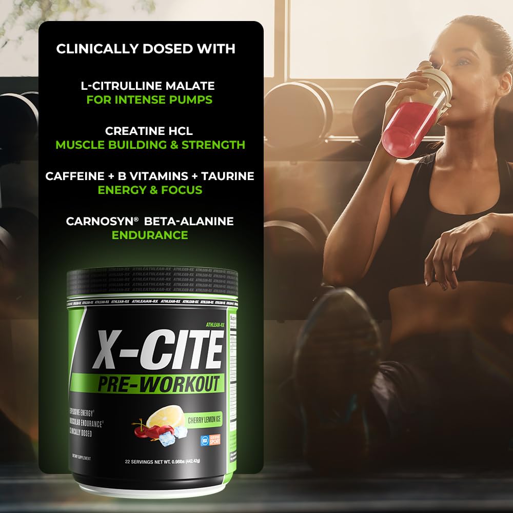 ATHLEAN-RX X-CITE etiqueta con lista de ingredientes y certificación para deportistas segura