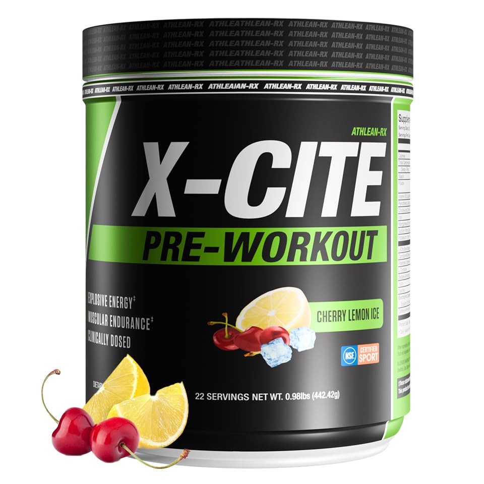 ATHLEAN-RX X-CITE frente del envase mostrando diseño y sabor Cherry Lemon Ice beneficio confianza