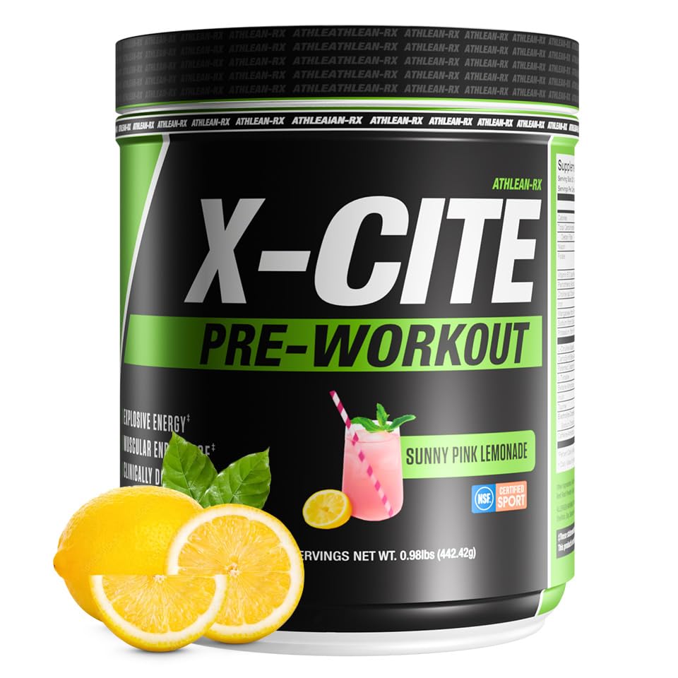 ATHLEAN-RX X-CITE frente del envase muestra sabor Sunny Pink Lemonade y confianza