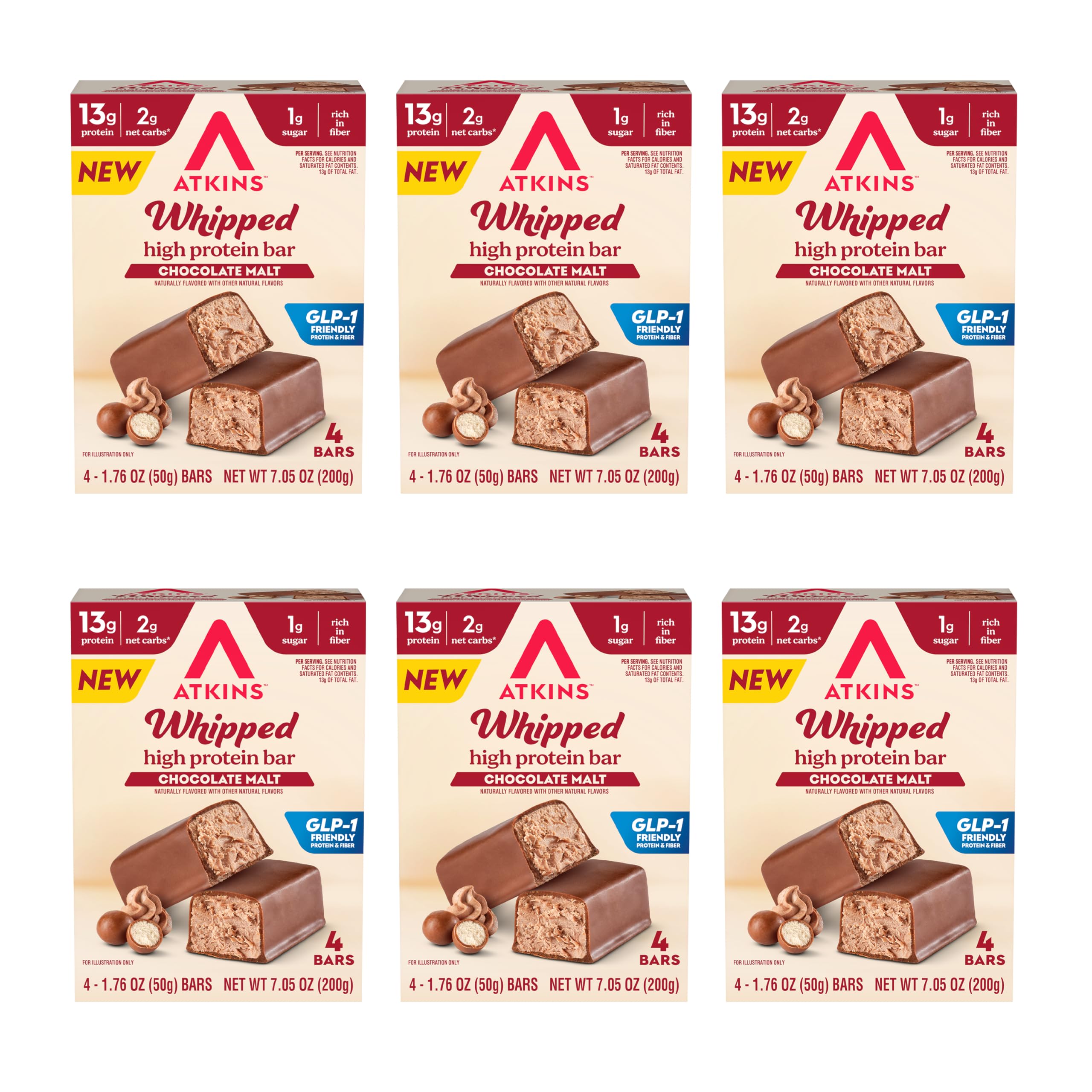 Atkins barra chocolate malt frente mostrando envoltorio y beneficio práctico