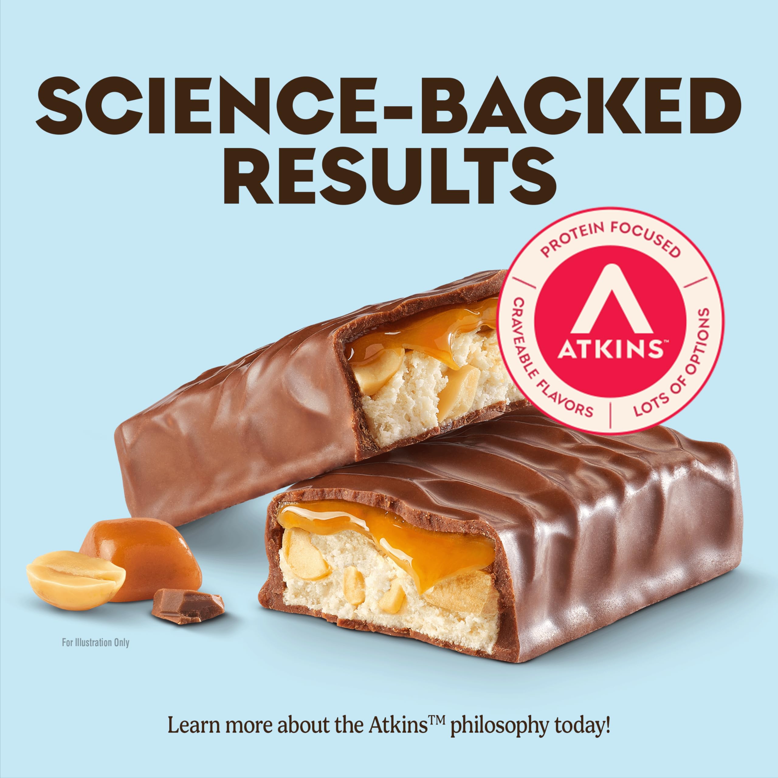 Atkins barra Endulge corte que muestra textura masticable y capas, atractivo visual