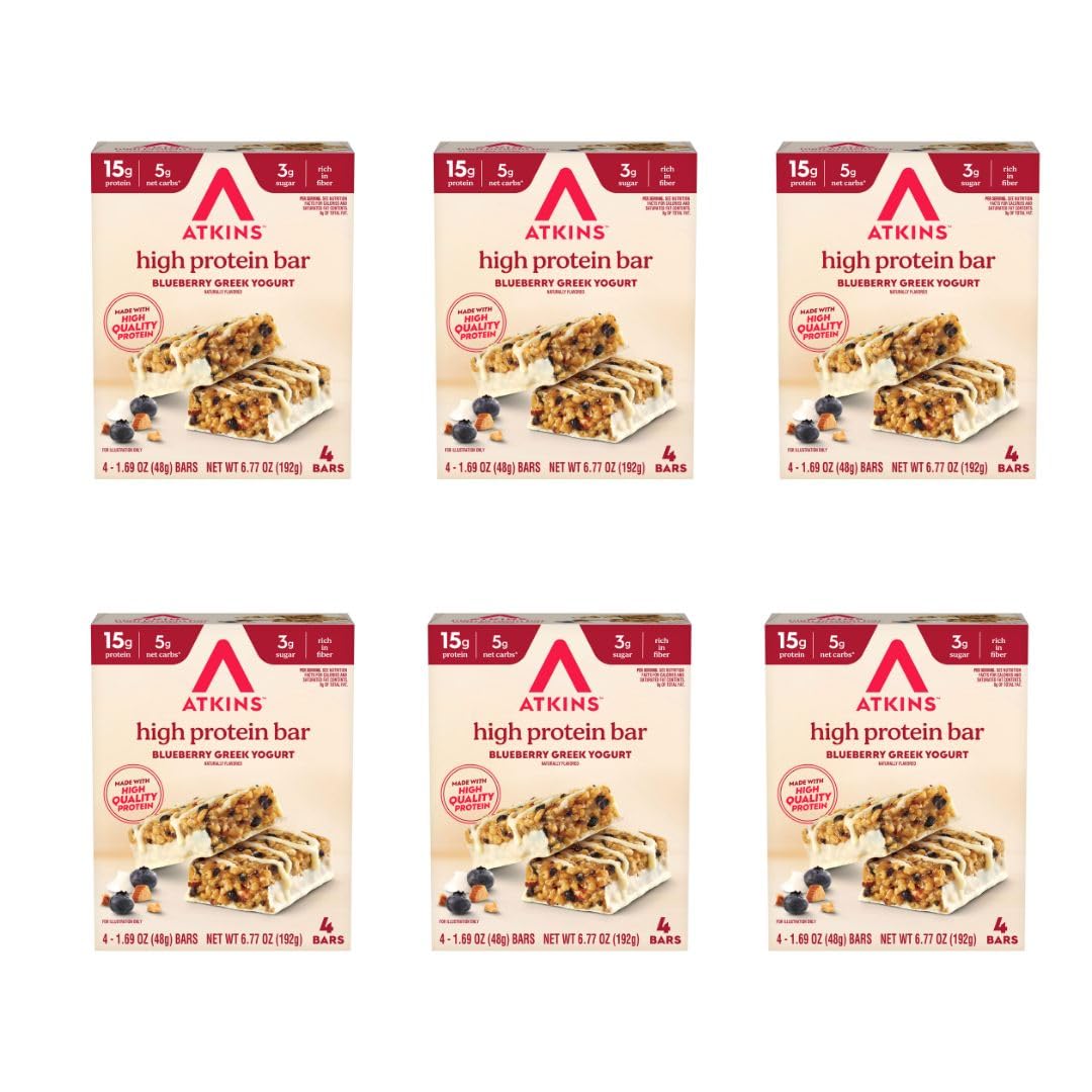 Atkins barrita frontal paquete visible, sabor blueberry y beneficios proteicos