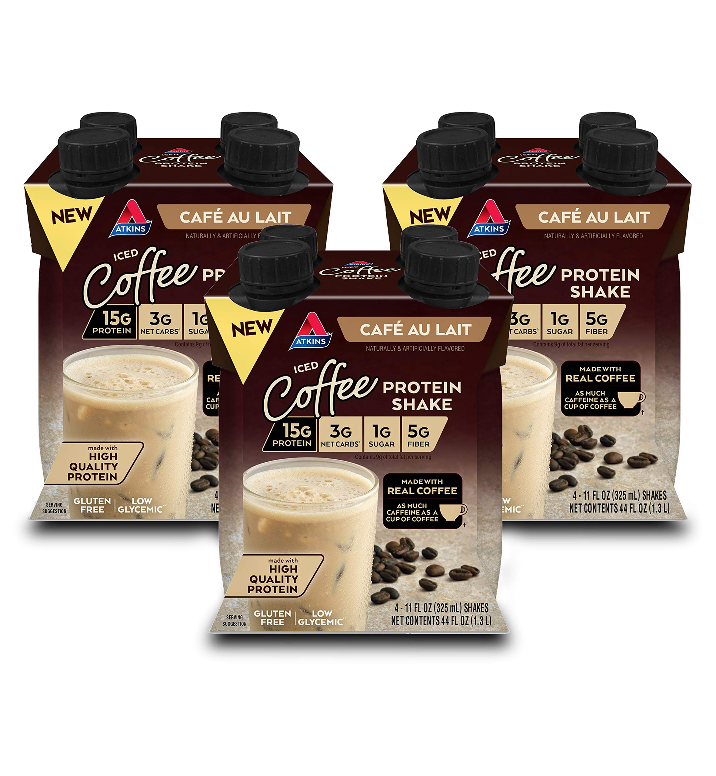 Atkins frente del empaque mostrando sabor Café au Lait y beneficios bajos en carbohidratos
