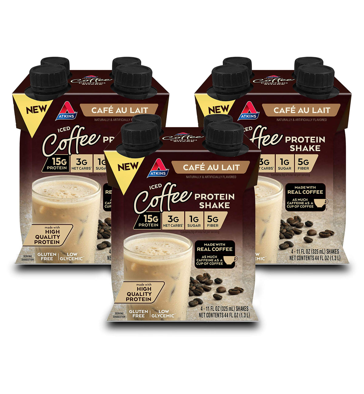 Atkins frente del empaque mostrando sabor Café au Lait y beneficios bajos en carbohidratos