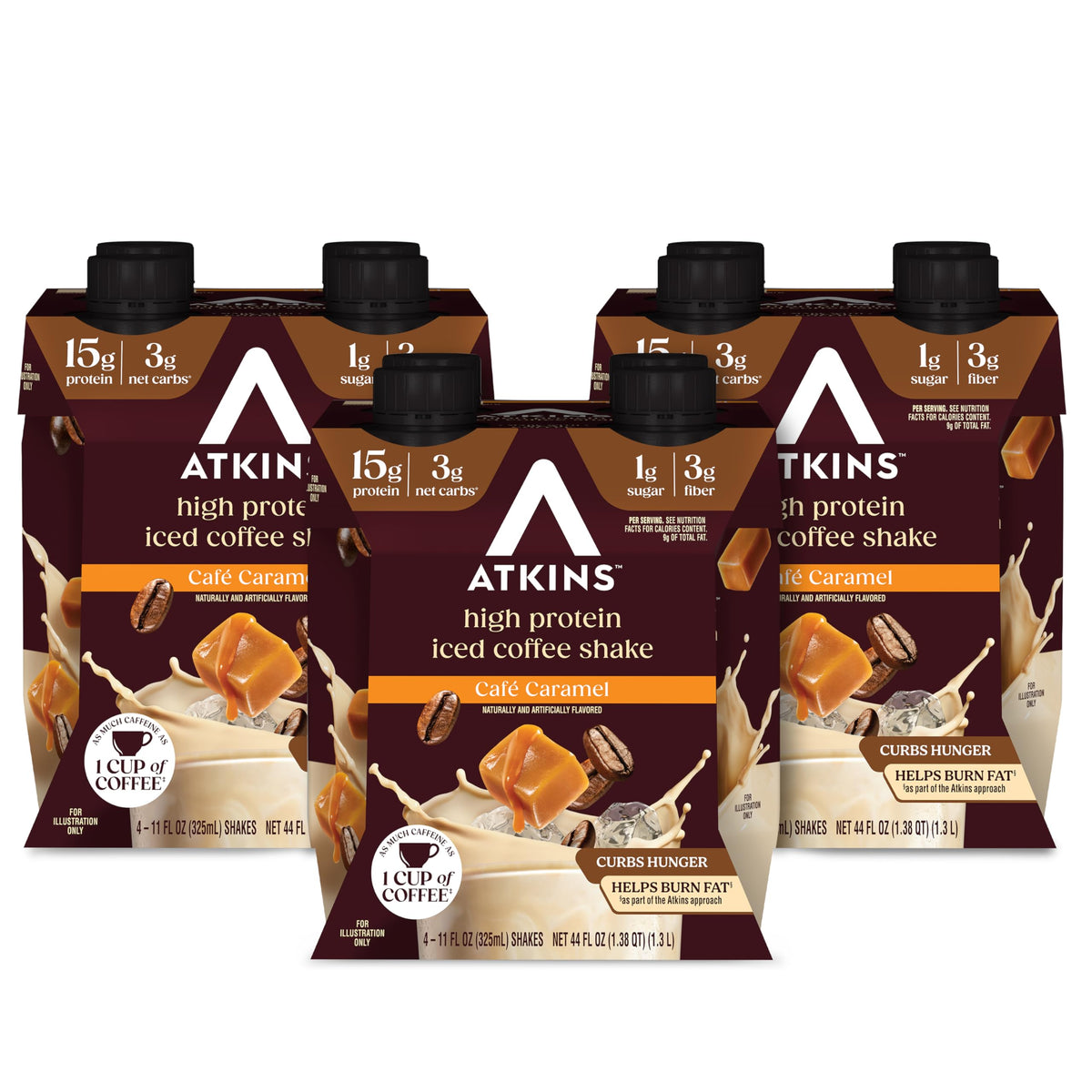 Atkins envase frontal del batido café caramelo mostrando información nutricional y diseño