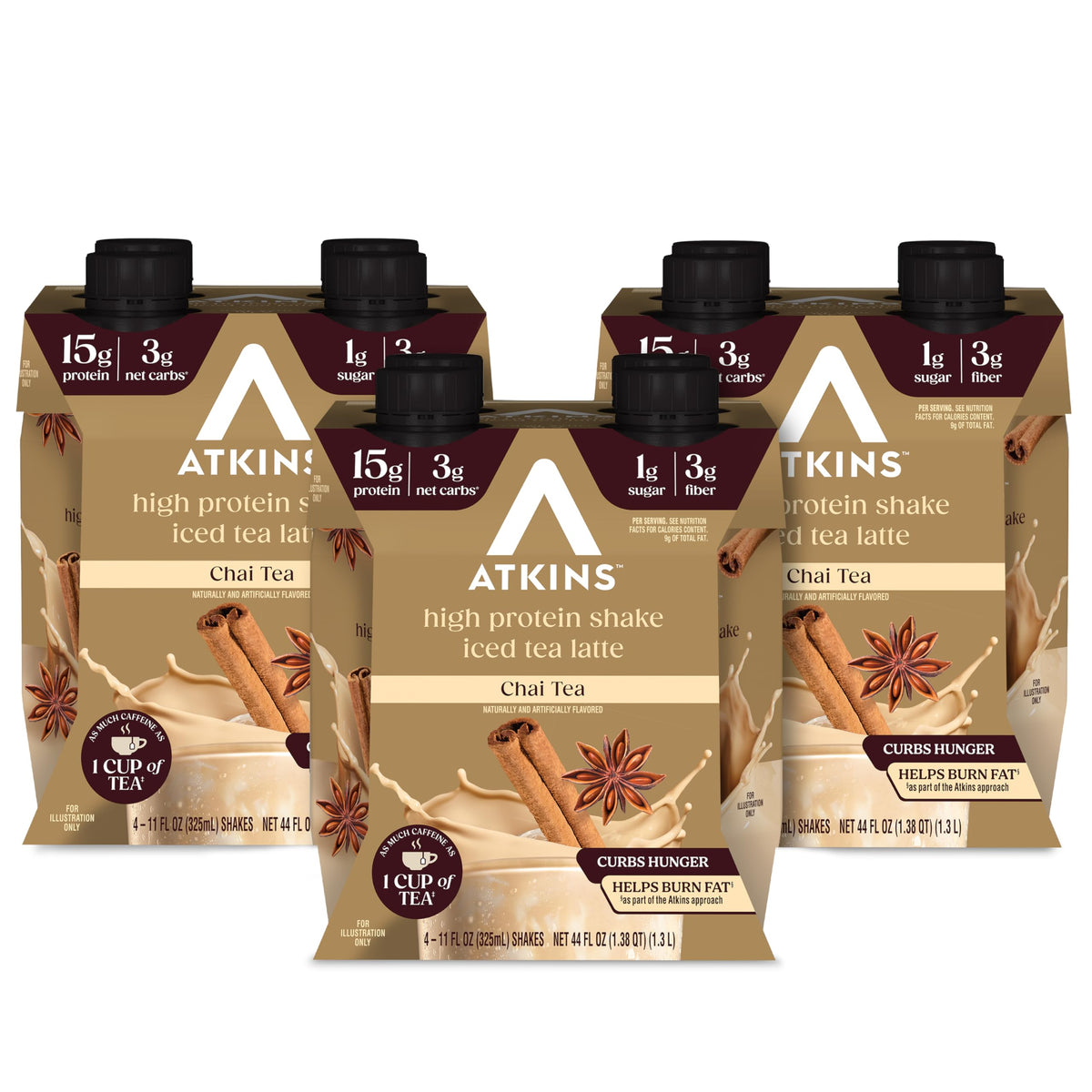 Atkins botella frontal con sabor chai, práctico y listo para beber