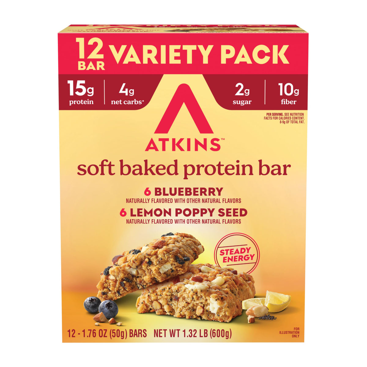 Atkins frontal del paquete mostrando variedad y conveniencia