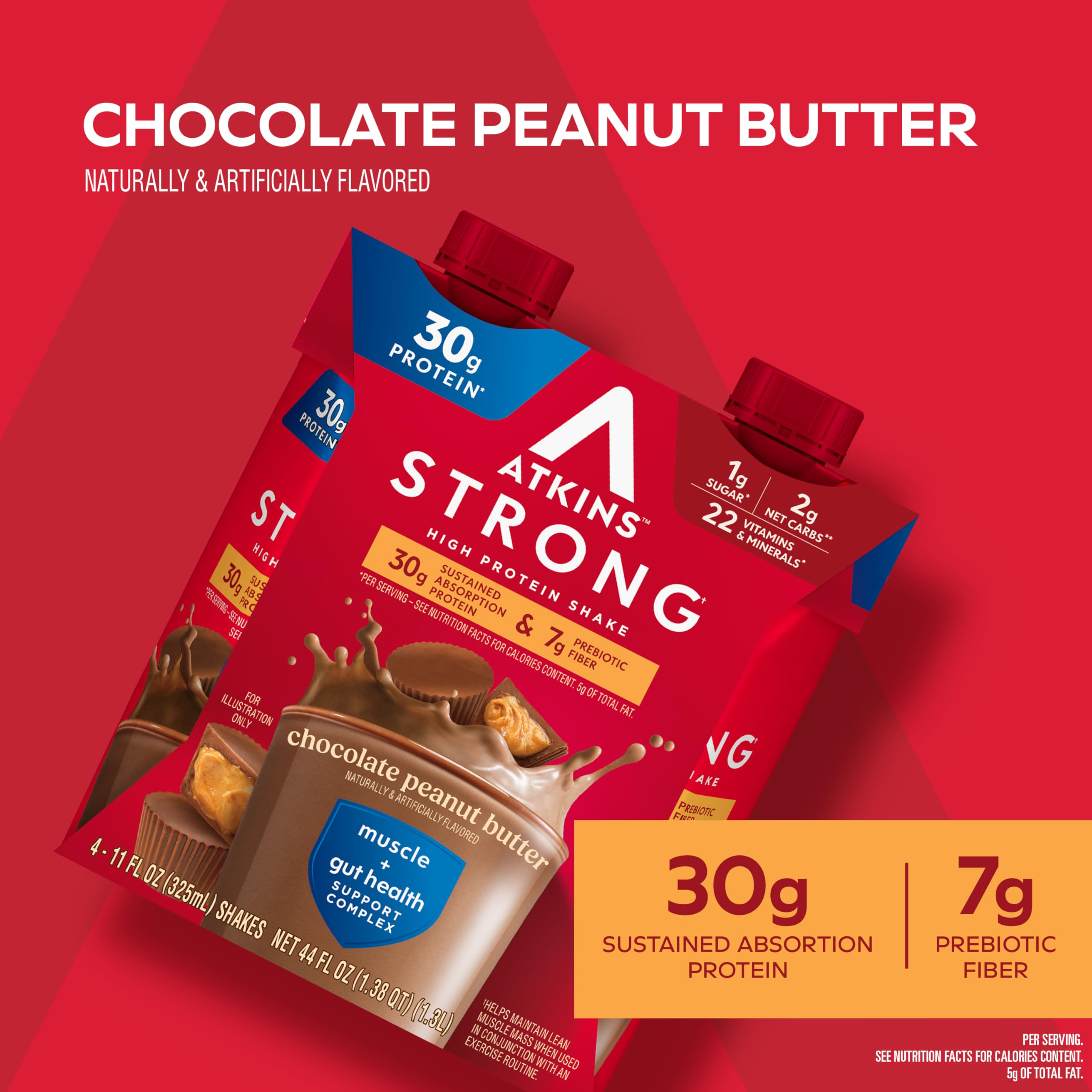 Atkins primer plano de etiqueta nutricional destacando 30 g de proteína y bajos carbohidratos