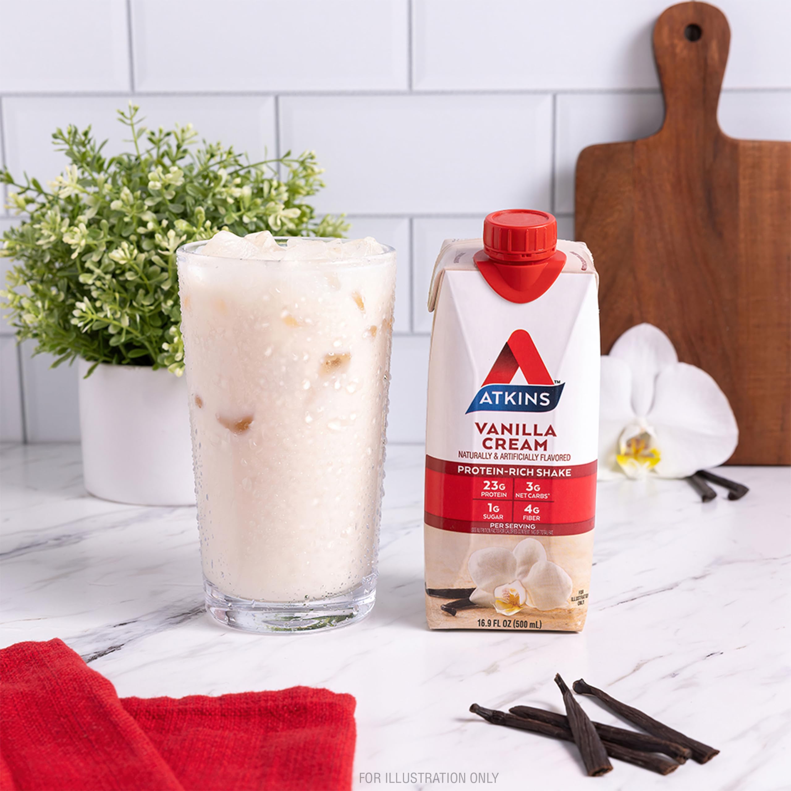 Atkins tamaño de botella 16.9 fl oz para referencia de porción