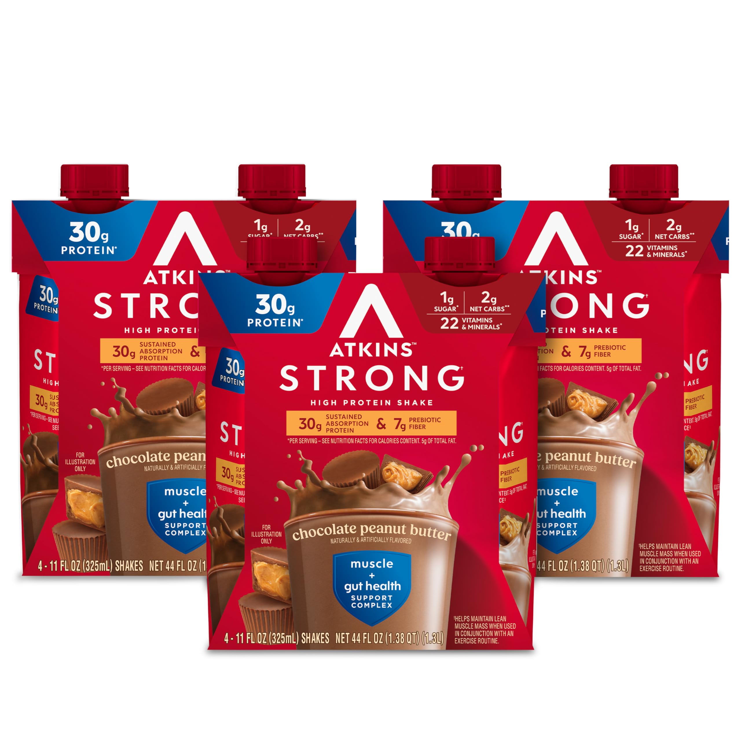 Atkins envase frontal Chocolate Peanut Butter mostrando diseño y beneficio listo para beber