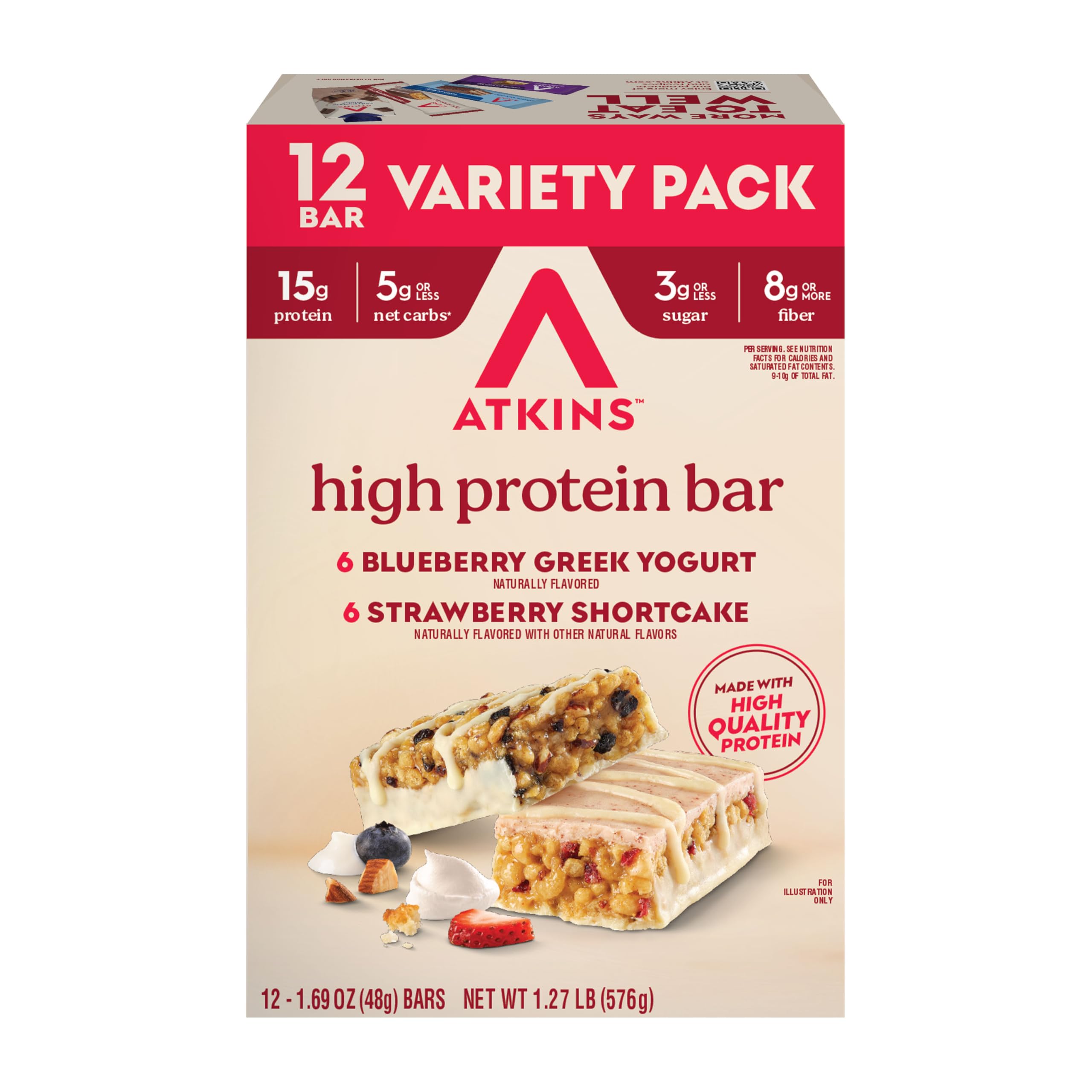 Atkins empaque frontal mostrando sabores y beneficios proteicos