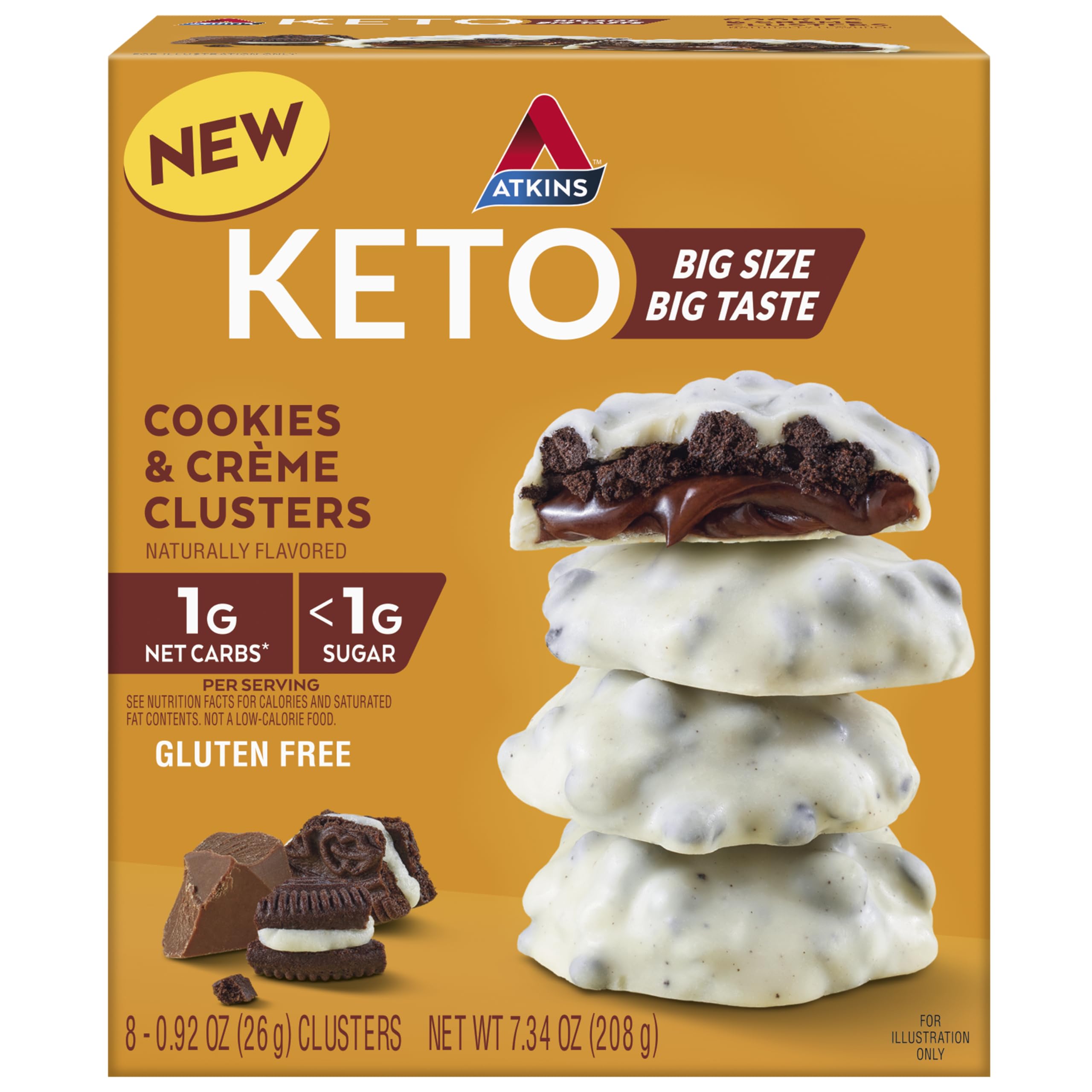 Atkins paquete frontal de Cookies & Crème Clusters mostrando presentación y beneficios