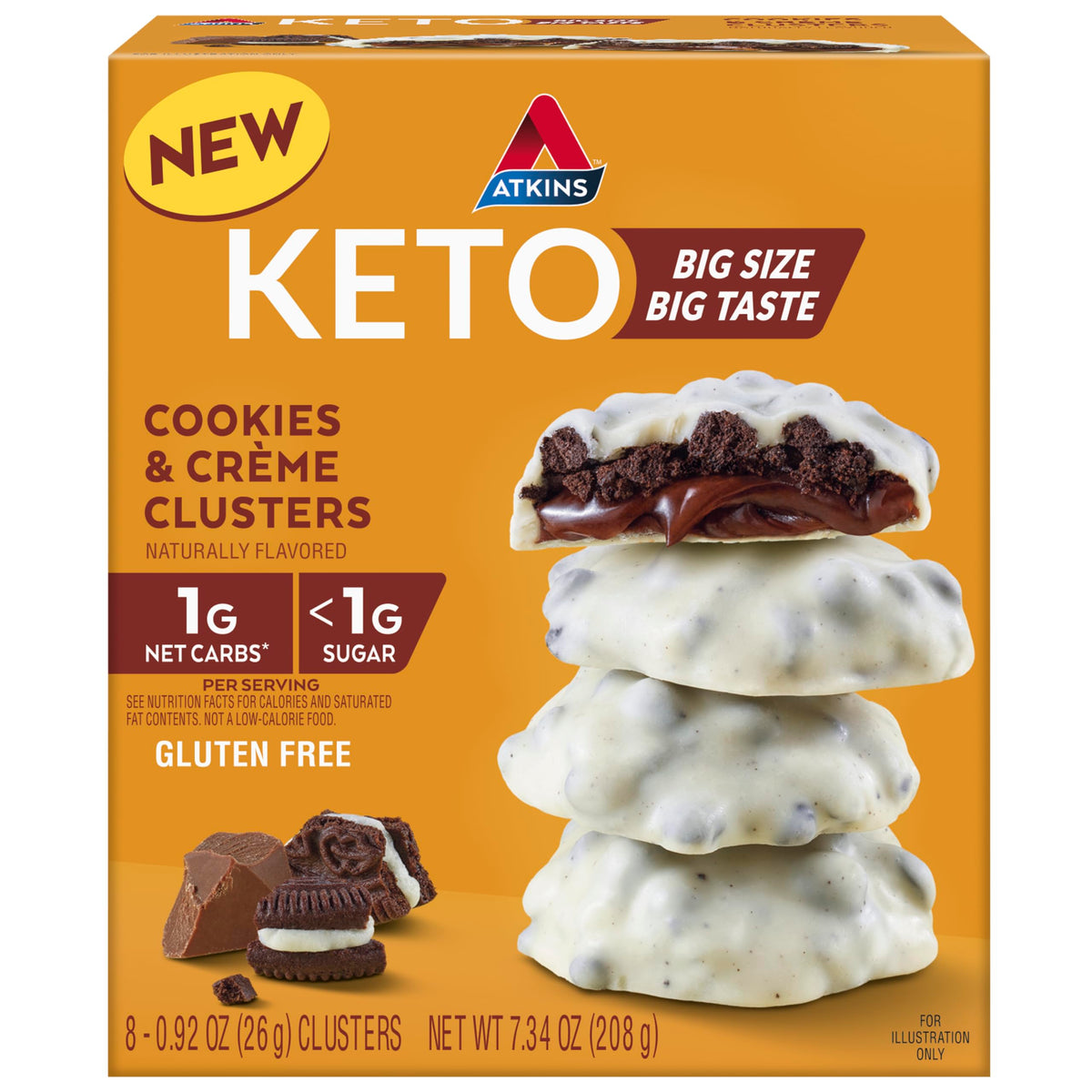 Atkins paquete frontal de Cookies & Crème Clusters mostrando presentación y beneficios