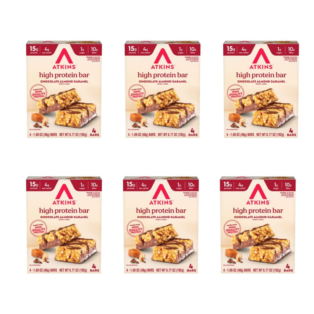 Atkins empaque frontal de Chocolate Almond Caramel mostrando beneficio práctico