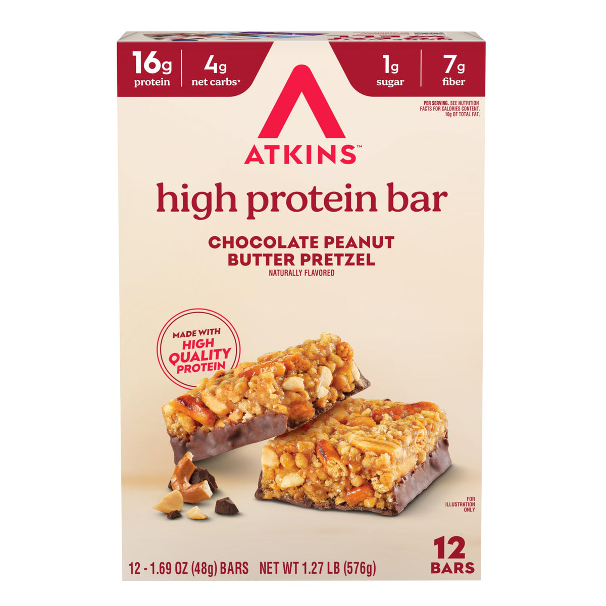 Atkins empaque frontal mostrando 12 barritas y beneficios nutricionales