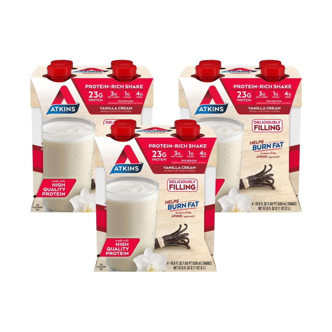 Atkins envase frontal vainilla crema mostrando diseño y conveniencia