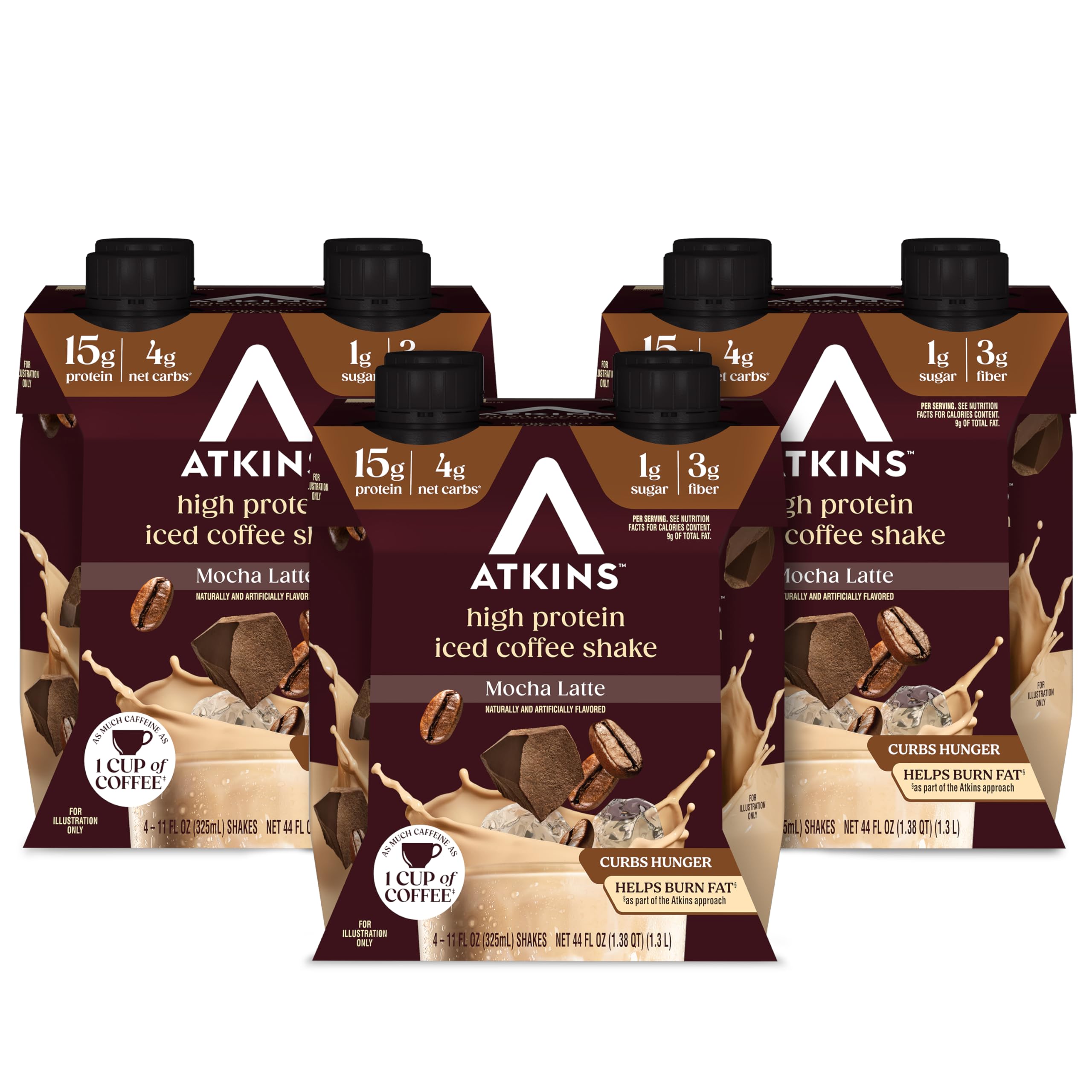 Atkins mocha latte frente del envase mostrando diseño y conveniencia
