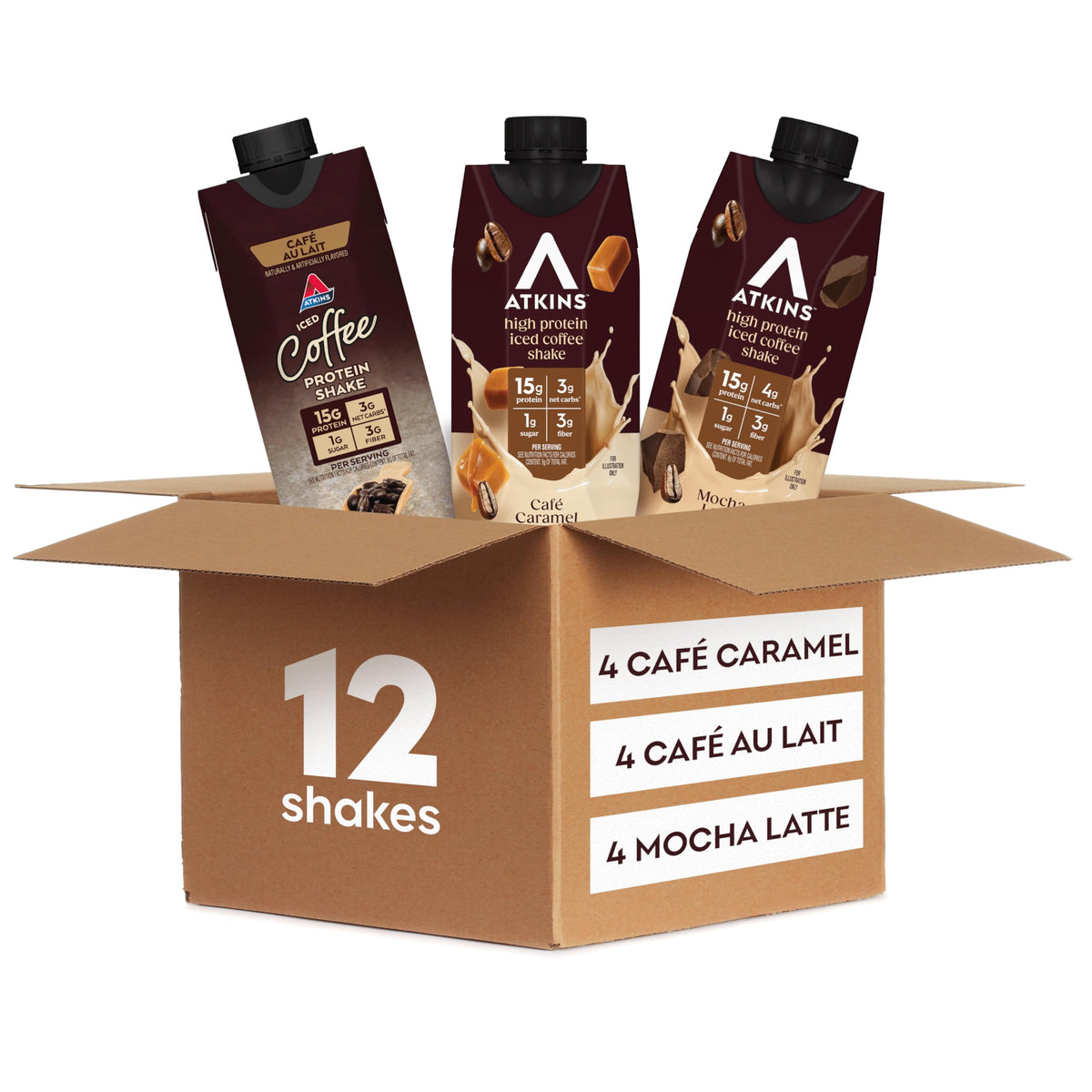 Atkins pack frontal con los tres sabores mostrando conveniencia y proteína